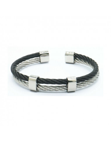 Bracelet Homme double cable en acier Bicolore Noir et Gris EDEN - Rockstone