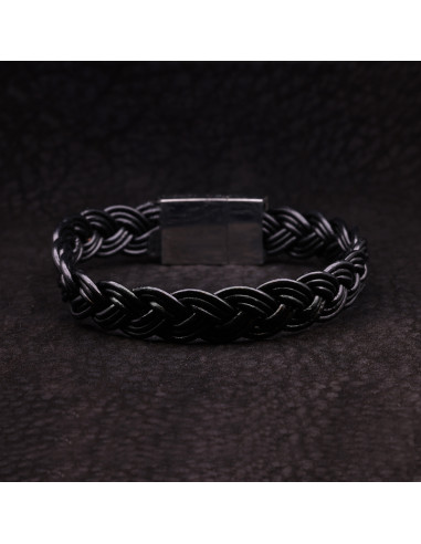 Bracelet Homme en acier et cuir noir BLACK LEATHER BRAID - Rockstone