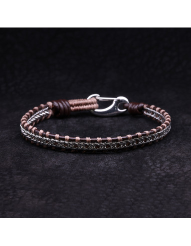 Bracelet Homme en acier et cuir BROWN PLAIT - Rockstone