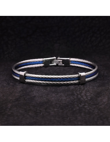 Bracelet Homme triple cable en acier Bicolore Bleu et Gris DAIKO - Rockstone