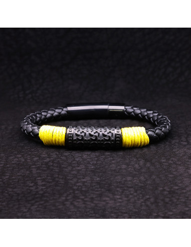 Bracelet Homme en cuir noir et détail jaune YELLOW ROPE - Rockstone