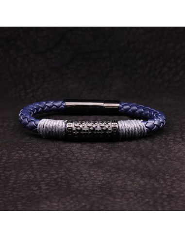 Bracelet Homme en cuir bleu et détail gris ROPE - Rockstone