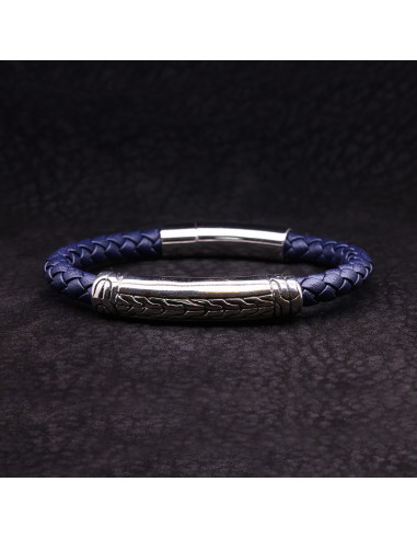 Bracelet Homme en cuir bleu et acier LEATHER BRAIDED - Rockstone